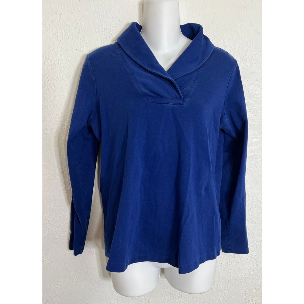LL Bean Top Womens M Blue Shawl Collar V Neck Long Sleeve Sweatshirt Cotton